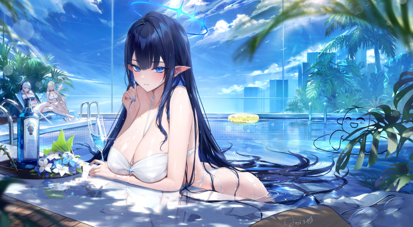 3girls absurdres ako_(blue_archive) asuna_(blue_archive) bikini blue_archive blue_eyes blue_halo blue_nails blue_sky bottle breasts building cleavage cloud commentary_request cup day drinking_glass earrings fingernails flower halo highres holding holding_cup jewelry large_breasts long_hair looking_at_viewer meisansan multiple_girls nail_polish outdoors parted_lips partially_submerged pointy_ears pool reflection rin_(blue_archive) signature sky solo_focus swimsuit unworn_eyewear water wet wet_hair white_bikini white_flower