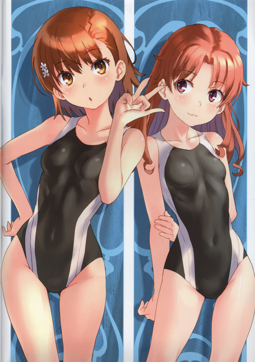 2girls absurdres arm_behind_back bare_shoulders blush breasts brown_eyes brown_hair collarbone competition_swimsuit covered_navel hair_ornament hand_on_own_hip hand_up highres lips long_hair looking_at_viewer misaka_mikoto multiple_girls one-piece_swimsuit parted_lips raika9 scan shiny_skin shirai_kuroko short_hair small_breasts smile swimsuit thighs toaru_kagaku_no_railgun toaru_majutsu_no_index