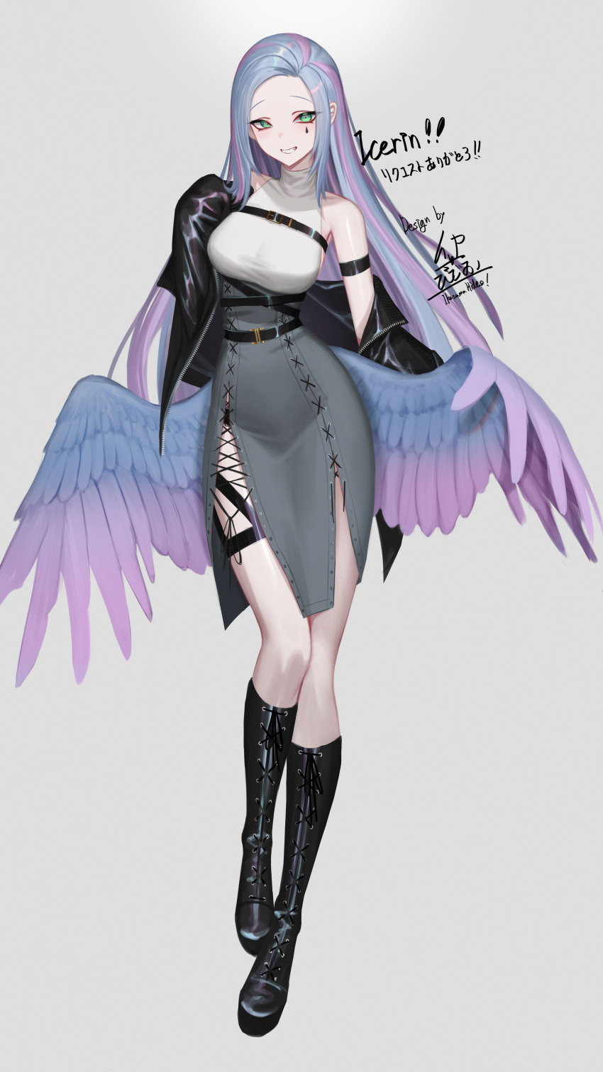 1girl absurdres aqua_eyes bad_arm black_footwear black_jacket blue_eyes boots breasts fantasy feathered_wings full_body grey_skirt highres ikasamahideo jacket knee_boots long_hair looking_at_viewer medium_breasts multicolored_hair original pink_hair purple_wings skirt standing streaked_hair teardrop_facial_mark thigh_strap turtleneck very_long_hair white_background wings