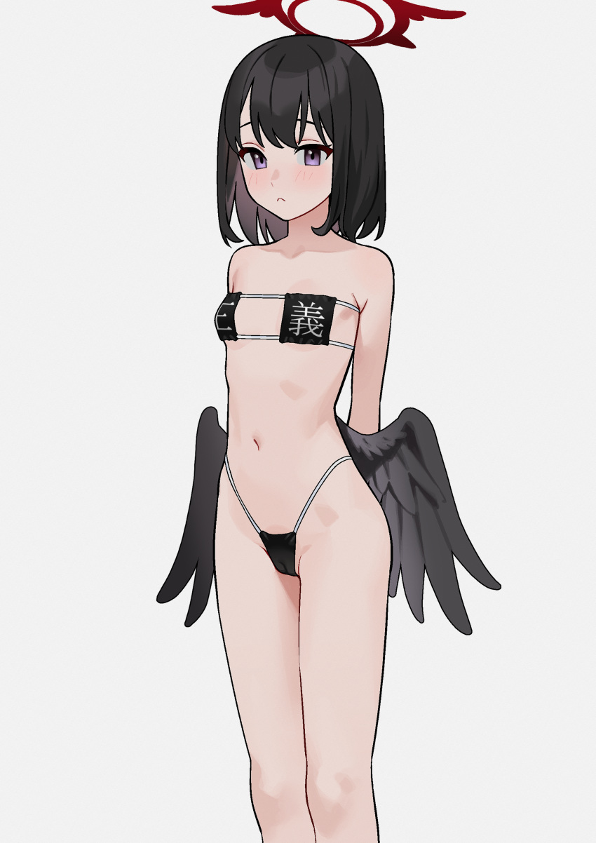 1girl :&lt; absurdres alternate_costume bikini black_bikini black_hair black_wings blue_archive blush breasts cameltoe eyepatch_bikini feathered_wings fffukuzawa halo highleg highleg_bikini highres looking_at_viewer mashiro_(blue_archive) micro_bikini navel purple_eyes simple_background small_breasts solo stomach swimsuit white_background wings