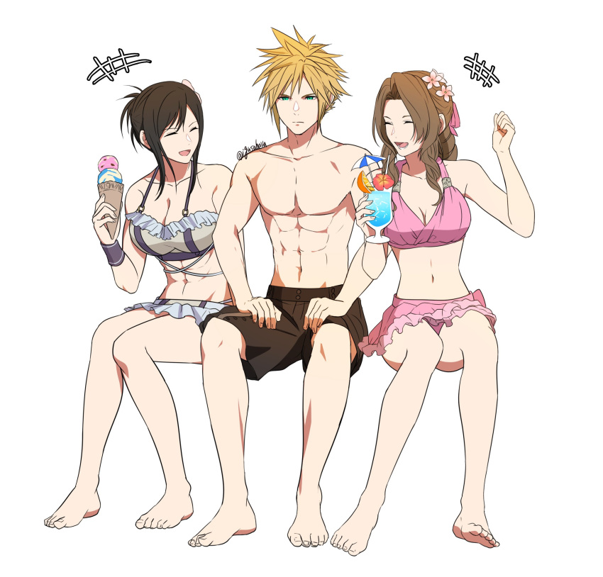 1boy 2girls aerith_gainsborough aerith_gainsborough_(pink_mermaid) bare_legs bikini bikini_skirt black_hair blonde_hair breasts brown_hair cloud_strife cloud_strife_(wild_surf) cocktail final_fantasy final_fantasy_vii final_fantasy_vii_rebirth final_fantasy_vii_remake flower food frilled_bikini frilled_bikini_top frills girl_sandwich hair_flower hair_ornament highres holding holding_food holding_ice_cream ice_cream ice_cream_cone igusaharu invisible_chair large_breasts male_swimwear medium_breasts microskirt multiple_girls official_alternate_costume official_alternate_hairstyle pink_bikini sandwiched sitting skirt spiked_hair swim_trunks swimsuit tifa_lockhart tifa_lockhart_(shining_spirit) white_bikini