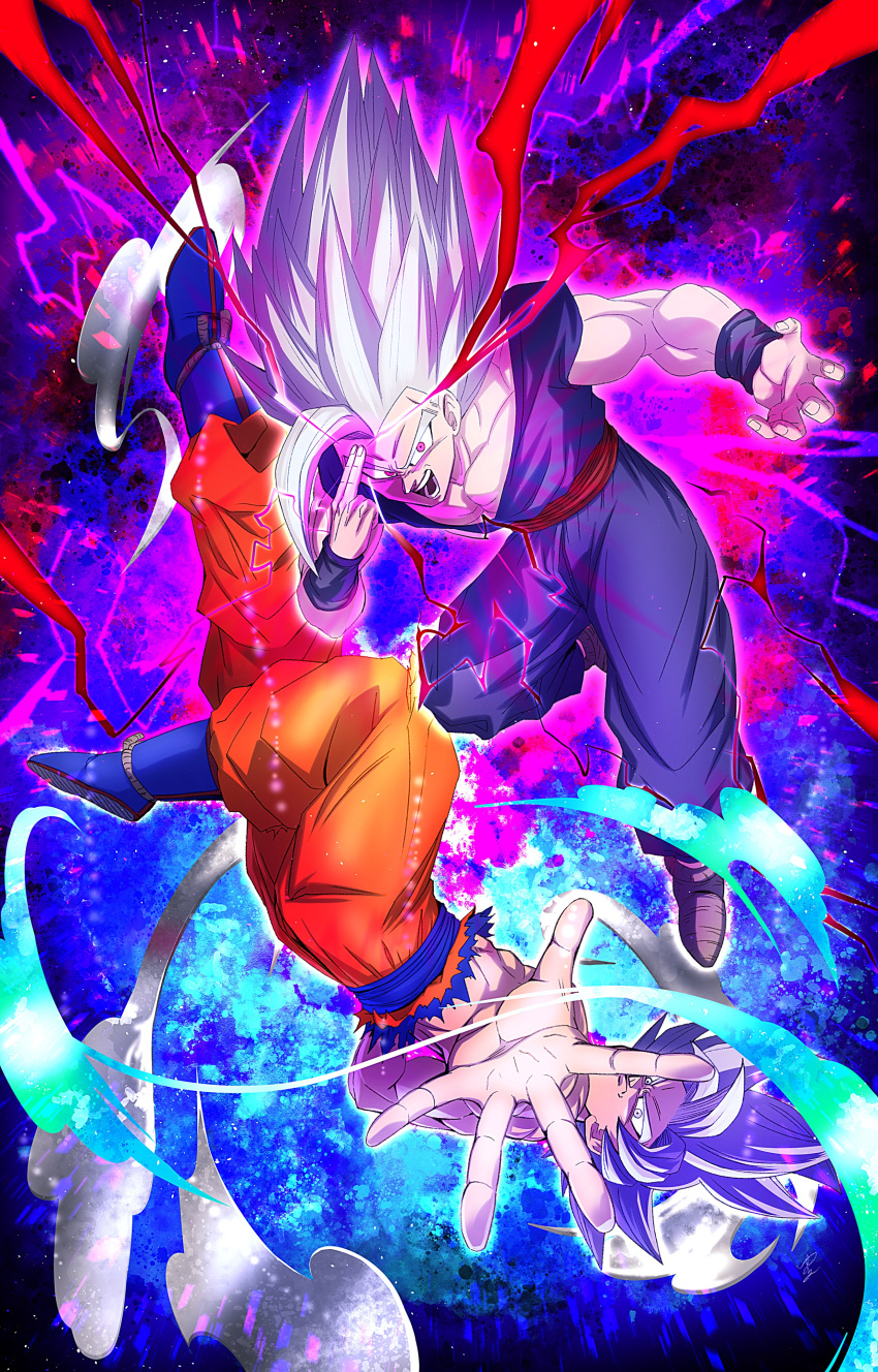 2boys absurdres blue_background blue_footwear blue_shirt boots commentary_request dougi dragon_ball dragon_ball_super dragon_ball_super_super_hero electricity father_and_son finger_on_forehead full_body gohan_beast highres long_hair makankousappou male_focus medium_hair multiple_boys muscular muscular_male orange_pants pants powering_up purple_background purple_eyes purple_pants purple_shirt shirt son_gohan son_goku spiked_hair topless torn_clothes torn_shirt ultra_instinct upside-down white_eyes white_hair yuuri_(fukuroudou)