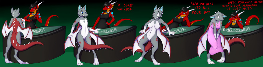 absurd_res anthro big_breasts blue_eyes breast_growth breasts canid canine canis clothed clothing colored dialogue dragon dress duo english_text expansion female fur gambling gender_transformation grey_body grey_fur growth hand_between_legs hi_res horn hybrid male mammal mtf_transformation mythological_creature mythological_scalie mythology panicking red_body scalie sequence surprised_expression tail text thick_thighs thigh_expansion tomek1000 tomek1000_(character) transformation wings wolf