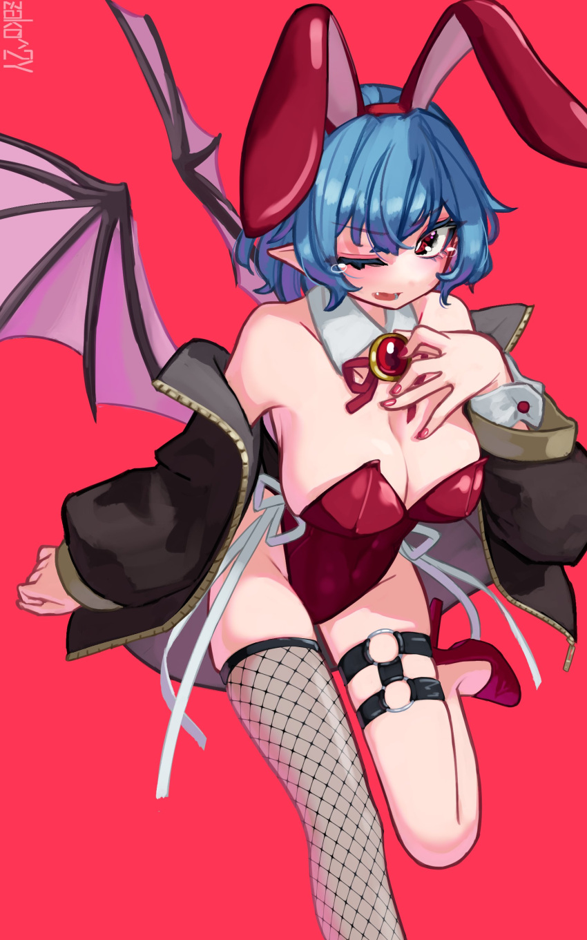 1girl absurdres alternate_costume animal_ears bare_shoulders bat_wings black_jacket blue_hair blush bow bowtie breasts brooch cleavage detached_collar fake_animal_ears fang fishnet_thighhighs fishnets gem high_heels highres jacket jewelry large_breasts leotard looking_at_viewer one_eye_closed open_mouth playboy_bunny pointy_ears rabbit_ears red_background red_eyes red_footwear red_gemstone red_leotard red_nails remilia_scarlet short_hair simple_background single_thighhigh solo standing standing_on_one_leg strapless strapless_leotard tearing_up thighhighs touhou wings wrist_cuffs zakozako_y