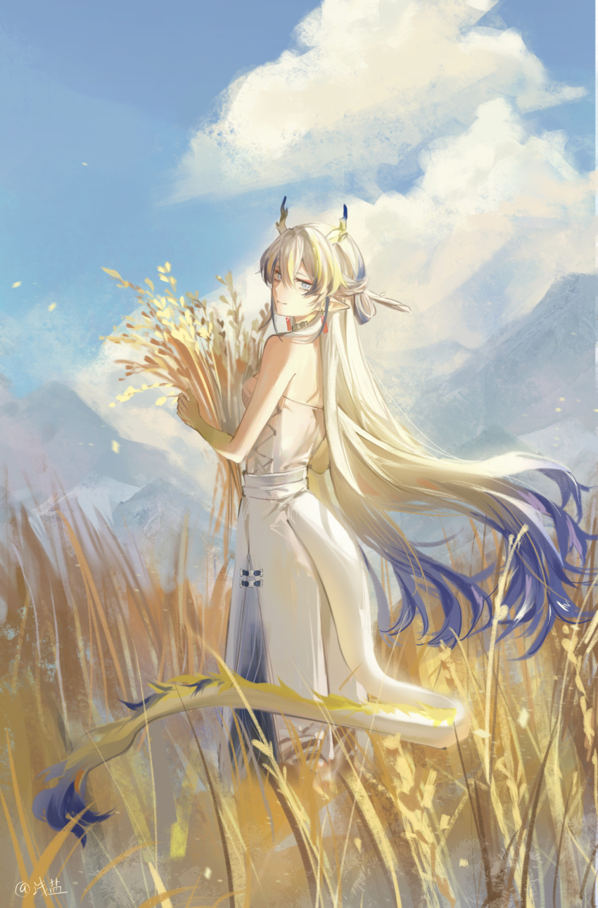 1girl absurdres arknights bare_shoulders blonde_hair blue_eyes blue_hair blue_horns blue_tail chinese_commentary closed_mouth commentary_request day dragon_girl dragon_horns dragon_tail from_behind full_body guoziqiqi hair_between_eyes highres holding holding_plant horns light_smile long_hair looking_at_viewer looking_back multicolored_hair no_jacket outdoors plant sheaf shu_(arknights) skirt solo standing strapless sunlight tail tube_top turning_head very_long_hair wheat wheat_field white_hair white_horns white_skirt white_tail white_tube_top wind yellow_horns yellow_tail