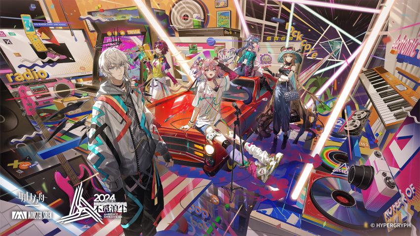 1boy 4girls ambience_synesthesia animal_ears arknights bag blonde_hair blue_eyes camera car cellphone controller executor_(arknights) exusiai_(arknights) eyewear_on_head grey_hair guitar halo hat highres instrument jessica_(arknights) joystick kieed long_hair looking_at_viewer microphone motor_vehicle multiple_girls official_art phone piano_keys pink_hair ponytail red_hair short_hair sunglasses swire_(arknights) tail tail_ornament twintails u-official_(arknights)
