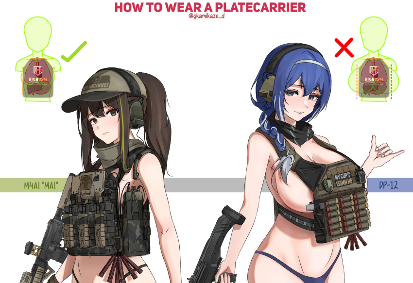 2girls areola_slip armor assault_rifle bikini blue_bikini blue_eyes blue_hair breasts brown_eyes brown_hair bulletproof_vest camouflage character_name commentary dgkamikaze dp-12_(girls'_frontline) english_commentary english_text girls'_frontline green_hair gun hat headphones highres holding holding_gun holding_weapon how_to large_breasts long_hair looking_at_viewer m4_carbine m4a1_(girls'_frontline) magazine_(weapon) multicolored_hair multiple_girls ponytail rifle shotgun sidelocks standard_manufacturing_dp-12 streaked_hair swimsuit twitter_username two-tone_hair weapon woodland_camouflage