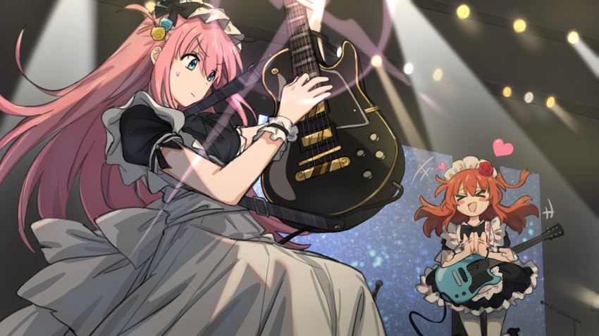 &gt;_&lt; 1girl 2girls apron band-maid blue_eyes blush blush_stickers bocchi_the_rock! bow clapping cube_hair_ornament dress electric_guitar flower frills gotoh_hitori guitar hair_between_eyes hair_flower hair_ornament heart highres holding holding_instrument instrument kita_ikuyo long_hair maid maid_apron maid_headdress multiple_girls music open_mouth pink_hair playing_instrument red_flower red_hair red_rose rose sanada_(tony2035176) smile stage_lights sweat