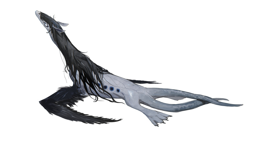 absurdres animal animal_feet animal_focus black_hair black_wings colored_skin creature full_body grey_skin highres kamikiririp no_humans original solo white_background white_eyes winged_arms wings