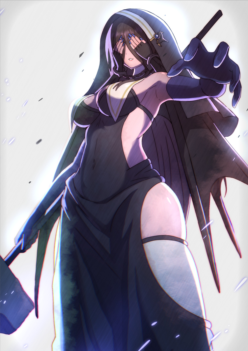 1girl absurdres arema black_gloves breasts brown_hair covering_own_eyes cuffs elbow_gloves extra_arms gloves habit hammer handcuffs highres hip_vent holding holding_hammer long_hair medium_breasts nail_polish nun original parted_lips solo