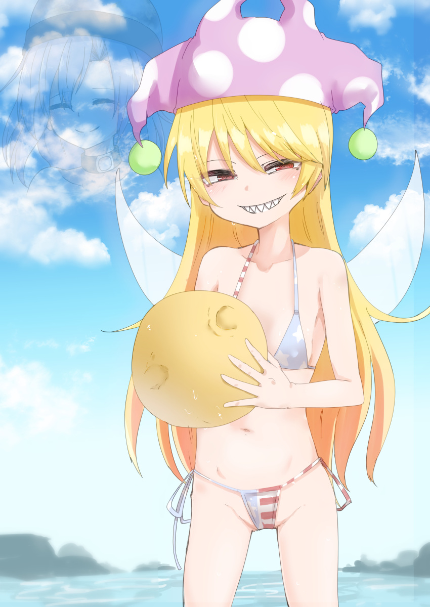 2girls @_@ absurdres american_flag_bikini ball beachball bikini blonde_hair choker closed_eyes closed_mouth cloud cloudy_sky clownpiece collarbone commentary_request cowboy_shot day evil_grin evil_smile fading fairy_wings flag_print flat_chest grin hat hecatia_lapislazuli highres holding holding_ball jester_cap light_blush long_hair looking_at_viewer moon_print multiple_girls narrowed_eyes navel parted_bangs polka_dot_headwear purple_hat red_eyes sharp_teeth short_hair side-tie_bikini_bottom skinny sky smile standing swimsuit takorice teeth touhou water wings