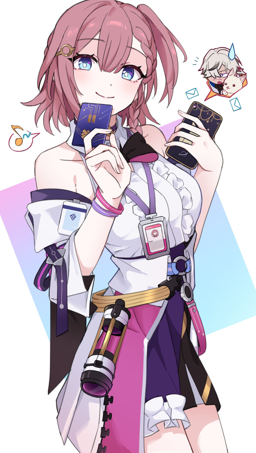 1boy 1girl absurdres arlan_(honkai:_star_rail) asta_(honkai:_star_rail) awe_(adorableduckyy) bare_shoulders belt blue_eyes breasts bright_pupils cellphone commentary_request cowboy_shot credit_card detached_sleeves dog highres holding holding_phone honkai:_star_rail honkai_(series) korean_commentary lanyard medium_breasts miniskirt one_side_up peppy_(honkai:_star_rail) phone pink_hair shirt short_sleeves skirt sleeveless sleeveless_shirt smartphone standing white_background white_pupils white_shirt yellow_belt