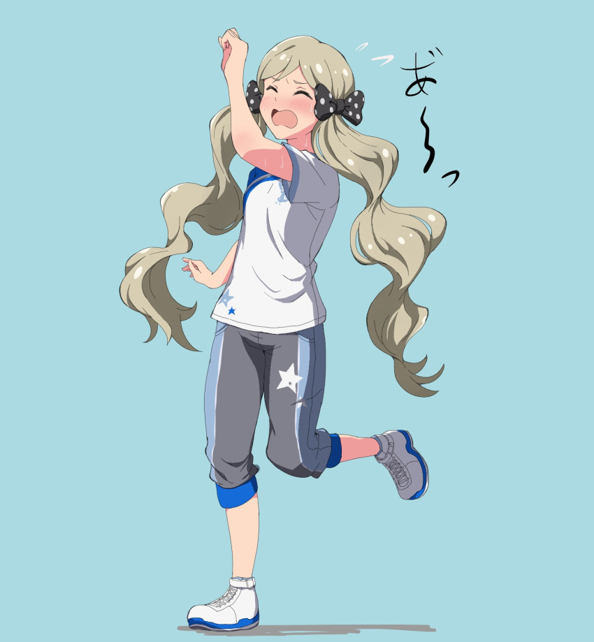 1girl arm_up black_ribbon blue_background blush breasts closed_eyes dancing dot_nose fluffy_hair full_body grey_hair grey_pants gym_shirt gym_uniform handa_roco highres idolmaster idolmaster_million_live! idolmaster_million_live!_theater_days long_hair nejime_(nejimeinu) official_alternate_costume pants parted_bangs polka_dot polka_dot_ribbon ribbon shirt shoes simple_background small_breasts sneakers solo standing standing_on_one_leg sweatdrop twintails very_long_hair wavy_hair wavy_mouth white_footwear white_shirt