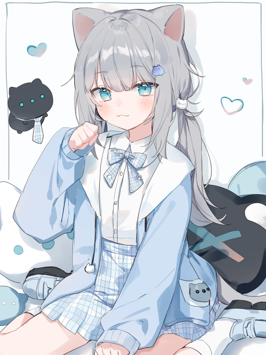 1girl :3 absurdres animal_ears aqua_eyes blue_bow blue_bowtie blue_footwear blue_jacket blue_skirt bow bowtie cat_ears cat_girl cat_tail creature cushion dress_shirt grey_hair hair_ornament heart high-waist_skirt highres indie_virtual_youtuber jacket light_blush looking_at_viewer low_twintails miniskirt mokyuko nachoneko necktie paw_pose shirt shoes sidelocks sitting skirt smile socks solo tail twintails wariza white_background white_shirt white_socks