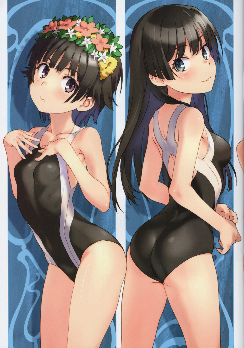 2girls absurdres ass bare_shoulders black_hair blue_eyes blush breasts brown_eyes closed_mouth collarbone competition_swimsuit flower hair_ornament hands_on_own_chest head_wreath highres lips long_hair looking_at_viewer looking_back medium_breasts multiple_girls one-piece_swimsuit raika9 saten_ruiko scan shiny_clothes shiny_skin short_hair small_breasts smile swimsuit thighs toaru_kagaku_no_railgun toaru_majutsu_no_index uiharu_kazari