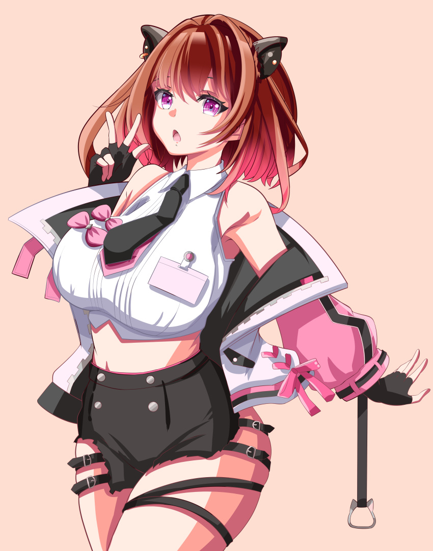 1girl absurdres akai_watame black_gloves black_necktie black_shorts breasts brown_background brown_hair buttons capybara_ears capybara_girl collared_shirt commentary_request cowboy_shot crop_top earrings extra_eyes fingerless_gloves gloves gradient_hair highres id_card jewelry large_breasts looking_at_viewer medium_bangs medium_hair midriff multicolored_hair nanashi_inc. necktie open_mouth pink_eyes pink_hair shirt shorts simple_background sleeveless sleeveless_shirt solo stud_earrings thigh_strap virtual_youtuber w white_shirt yunohara_izumi