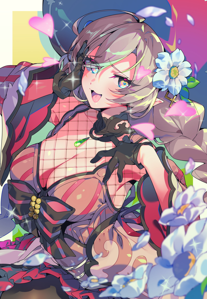 1girl black_choker black_gloves black_pantyhose blue_eyes breasts brown_hair chestnut_mouth choker cleavage detached_sleeves dress english_commentary fishnet_fabric fishnet_top fishnets flower gem gloves green_gemstone hair_flower hair_ornament heart heart-shaped_pupils highres large_breasts ludmila_(rune_factory) naso4 open_mouth pantyhose pendant_choker pink_dress rune_factory rune_factory_5 short_hair solo symbol-shaped_pupils white_flower wide_sleeves