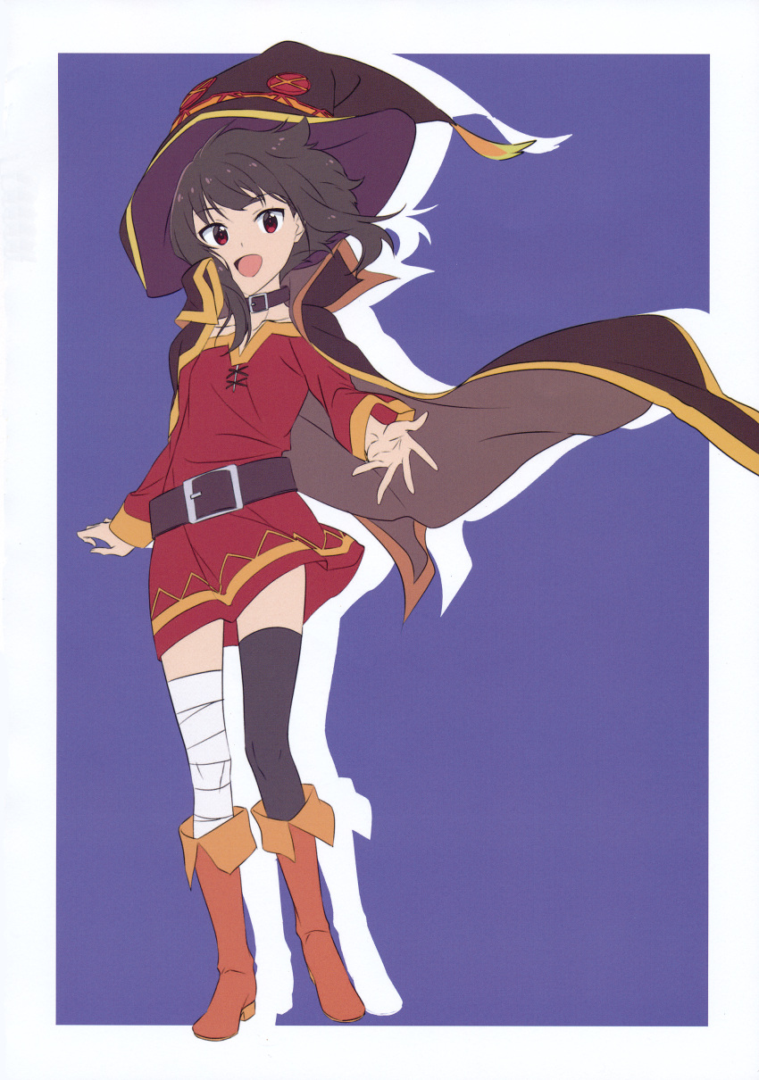 1girl absurdres bandaged_leg bandages belt black_hair blue_background boots brown_hair cape choker dress flat_chest full_body hat highres knee_boots kono_subarashii_sekai_ni_shukufuku_wo! long_sleeves looking_at_viewer megumin red_eyes scan short_dress short_hair simple_background smile solo thighhighs wizard_hat yamamoto_shuuhei zettai_ryouiki