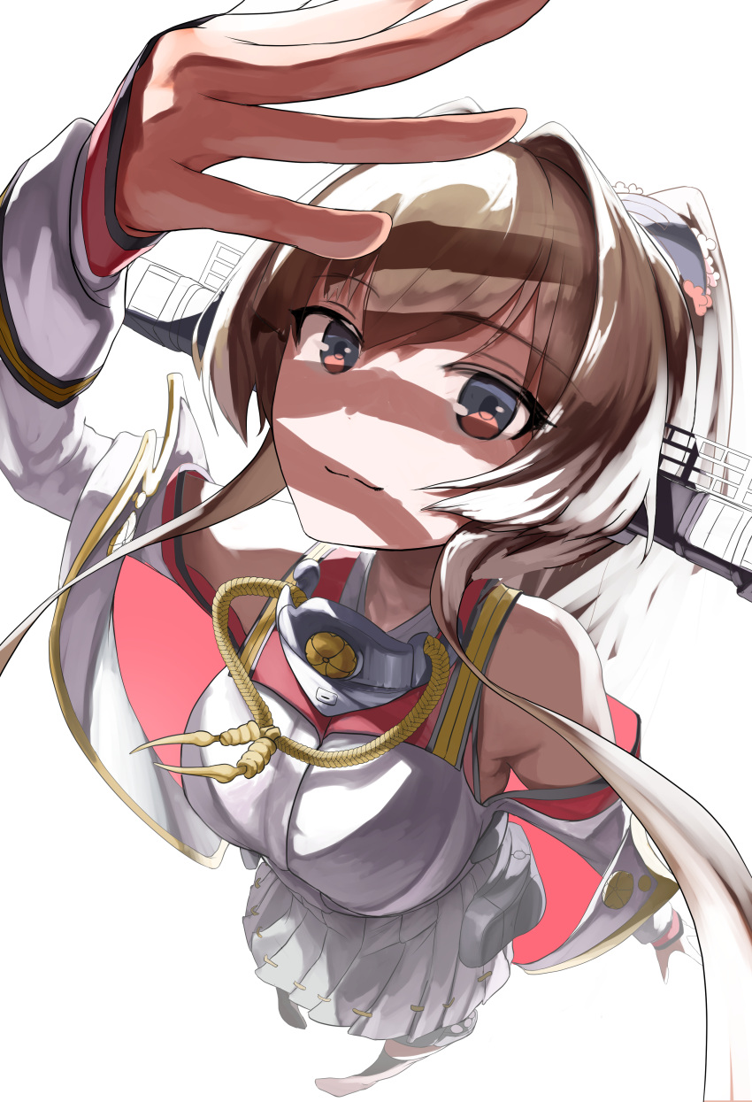 1girl absurdres aiguillette bare_shoulders breasts brown_eyes brown_hair cherry_blossoms clothing_cutout flower from_above hair_flower hair_intakes hair_ornament highres kantai_collection large_breasts long_hair long_sleeves pleated_skirt ponytail sannsogyoraikai shirt shoulder_cutout sidelocks skirt solo white_background white_shirt white_skirt yamato_(kancolle)