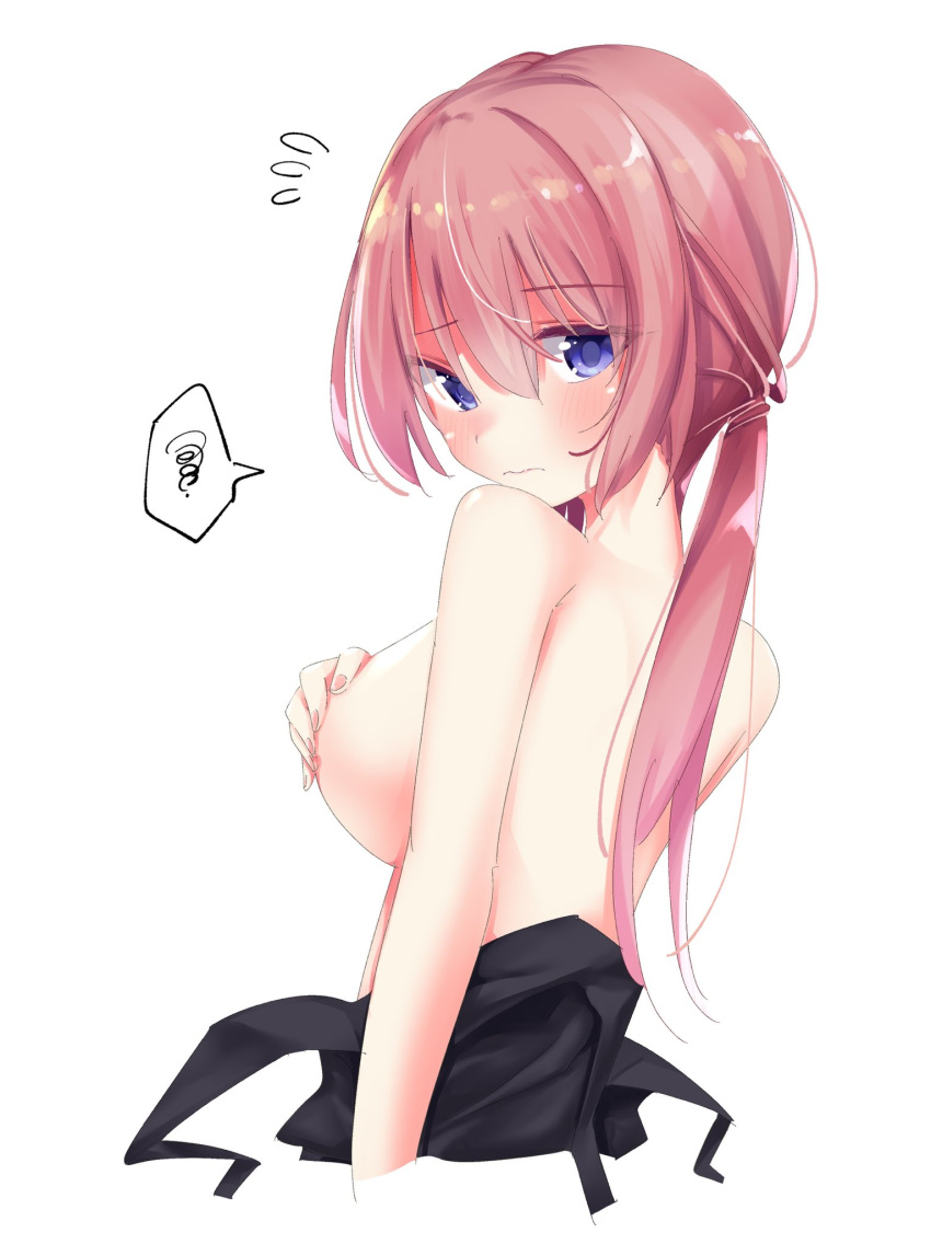 1girl 3: arm_at_side back black_dress blue_eyes blush breasts closed_mouth clothes_pull commentary_request covering_breasts covering_privates cropped_torso dress dress_pull embarrassed eyes_visible_through_hair fingernails flying_sweatdrops from_behind hair_between_eyes highres large_breasts long_hair looking_at_viewer looking_back low_twintails nzuwaiganin ozato_fumika red_hair sideboob simple_background solo speech_bubble spoken_squiggle squiggle tenshi_souzou_re-boot! topless tsurime twintails upper_body white_background