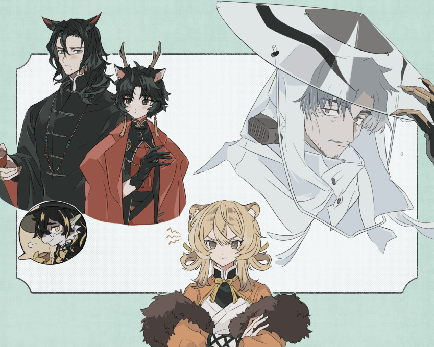 2girls 3boys animal_ear_fluff animal_ears antlers arknights beard black_hair blue_border border character_request check_character chinese_clothes closed_mouth cup deer_ears dragon_boy du_yaoye_(arknights) facial_hair grey_eyes grey_hair hair_rings harold_(arknights) hat highres holding holding_cup horns jewelry lee_(arknights) liang_xun_(arknights) looking_to_the_side multiple_boys multiple_girls mustache necklace ning_ciqiu_(arknights) old old_man pencil_mustache rice_hat short_hair sirakaro sparse_stubble speech_bubble spoken_character tassel tiger_girl wrinkled_skin