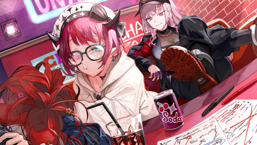 +_+ 3girls absurdres baseball_cap beret blue_eyes can crossed_legs cup drinking_glass drinking_straw earrings english_commentary glasses hakos_baelz hakos_baelz_(casual) hat heterochromia highres hololive hololive_english hood hooded_jacket horns irys_(casualrys)_(hololive) irys_(hololive) jacket jewelry long_hair mixed-language_commentary mori_calliope mori_calliope_(streetwear) multiple_girls necklace official_alternate_costume paper pen pink_eyes pink_hair pointy_ears red_eyes red_hair sitting symbol-shaped_pupils toro3 virtual_youtuber