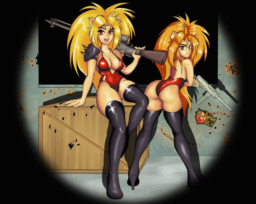 big_hair blonde_hair boots breasts butt cleavage clothed clothing crate duo female flashlight footwear gifted-lion gun hair humanoid puma_sisters ranged_weapon sten_gun weapon