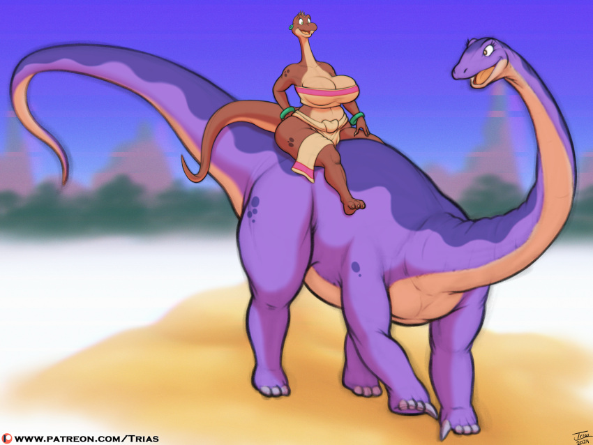 anthro big_breasts breasts chel colored_sketch cosplay curvy_figure dinosaur dinosaurs_inc. diplodocid diplodocus female feral hi_res huge_breasts jewelry looking_at_another outside reptile riding riding_on_back sauropod sauropodomorph scalie sketch slightly_chubby slightly_chubby_female smile solo sora_(trias) the_road_to_el_dorado trias wide_hips