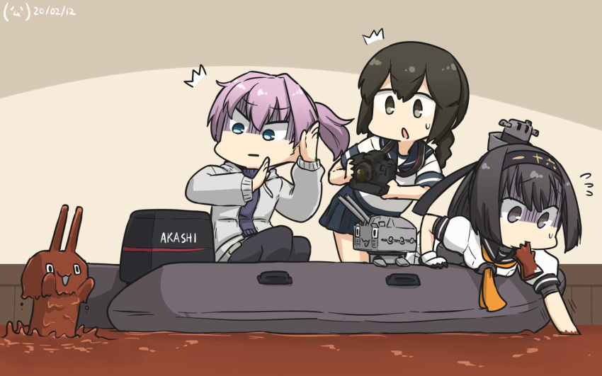 2others 3girls ahoge akizuki_(kantai_collection) alternate_costume black_eyes black_hair black_pants black_sailor_collar black_sweater blue_eyes blue_sailor_collar blue_skirt braid camera chocolate chou-10cm-hou-chan commentary_request dated gloves gloves_removed grey_eyes grey_jacket hachimaki hair_between_eyes hamu_koutarou headband highres inflatable_raft isonami_(kantai_collection) jacket kantai_collection mouth_hold multiple_girls multiple_others neckerchief pants pleated_skirt ponytail purple_hair sailor_collar school_uniform serafuku shiranui_(kantai_collection) short_hair sidelocks skirt sweater yellow_neckwear