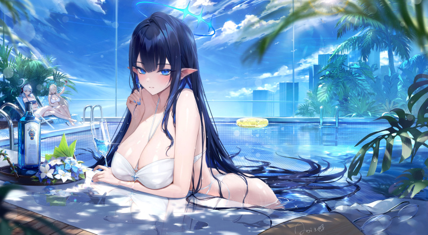 3girls absurdres ako_(blue_archive) asuna_(blue_archive) bikini blue_archive blue_eyes blue_halo blue_nails blue_sky bottle breasts building cleavage cloud cup day drinking_glass earrings fingernails flower halo highres holding holding_cup jewelry large_breasts long_hair looking_at_viewer meisansan multiple_girls nail_polish outdoors parted_lips partially_submerged pointy_ears pool reflection rin_(blue_archive) signature sky solo_focus swimsuit unworn_eyewear water wet wet_hair white_bikini white_flower