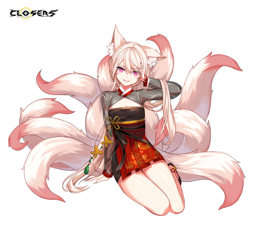 1girl alternate_hair_color animal_ear_fluff animal_ears ankle_bell arm_support arm_up black_dress black_footwear breasts cleavage cleavage_cutout closers clothing_cutout copyright_name dress evil_grin evil_smile fingernails fox_ears fox_girl fox_tail full_body grin hand_on_own_head hand_up highres kitsune kyuubi layered_dress logo long_fingernails long_hair long_sleeves looking_at_viewer low_twintails luna_aegis_(closers) medium_breasts multiple_tails official_art pink_eyes pink_tail red_dress see-through see-through_sleeves sitting smile solo tachi-e tail teeth twintails two-tone_dress v-shaped_eyebrows very_long_hair white_background white_hair yokozuwari