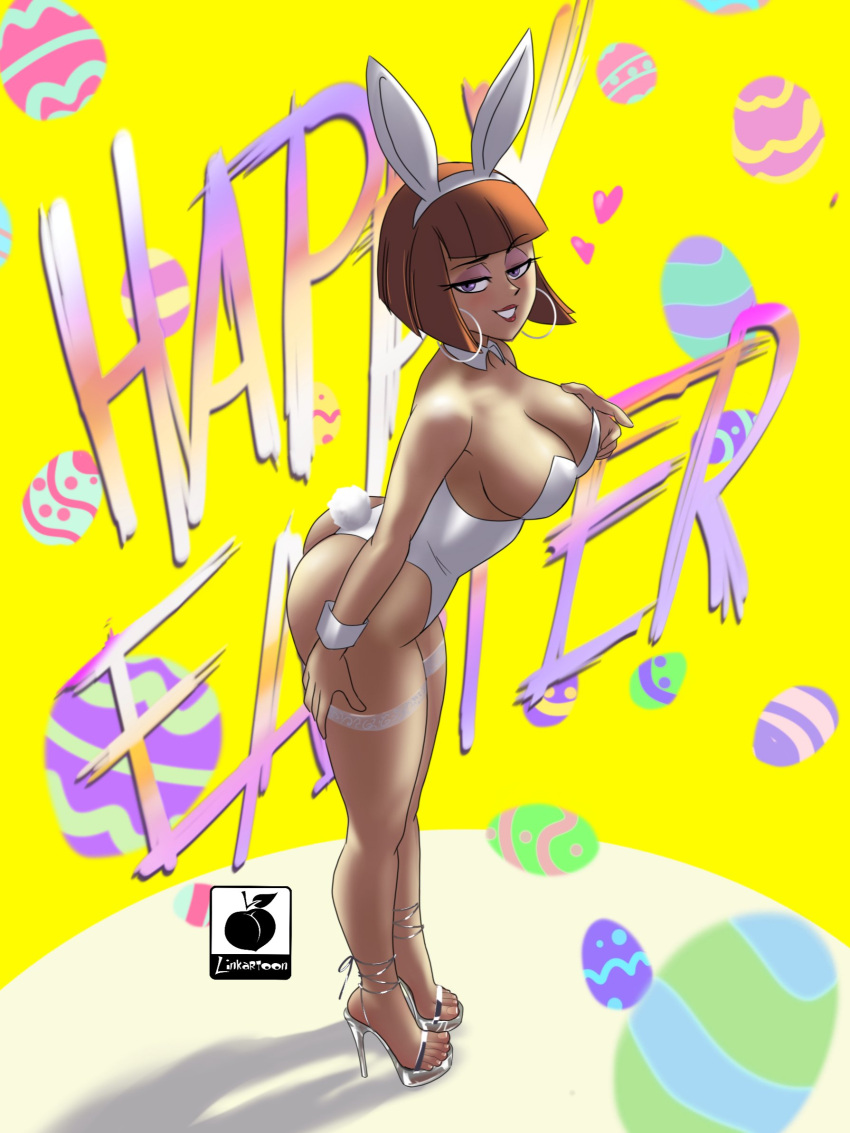 1girl alternate_costume animal_ears artist_logo blunt_bangs breasts brown_hair commentary danny_phantom detached_collar earrings easter easter_egg egg english_commentary eyelashes eyeshadow fake_animal_ears feet hairband hand_up happy_easter high_heels highleg highleg_leotard highres hoop_earrings jewelry large_breasts leaning_forward leotard linkartoon looking_at_viewer maddie_fenton makeup medium_hair playboy_bunny rabbit_tail shadow solo standing stiletto_heels strapless strapless_leotard strappy_heels tail thigh_strap thighs toenails toes white_hairband white_leotard wrist_cuffs yellow_background
