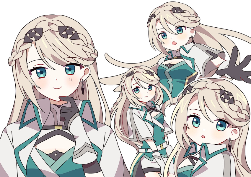 1girl aqua_eyes aqua_trim black_gloves blonde_hair braid closed_mouth commentary_request commission crown_braid eiyuu_densetsu elaine_auclair gloves grey_gloves highres jaeyeon_1 korean_commentary kuro_no_kiseki long_hair multicolored_clothes multicolored_gloves multiple_views open_mouth simple_background smile white_background white_gloves