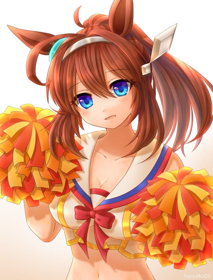 1girl ahoge alternate_hairstyle animal_ears artist_name blue_eyes bow bowtie brown_hair cheerleader commentary cosplay cropped_shirt ear_ornament grey_hairband hair_ornament hair_up hairband highres holding holding_pom_poms horse_ears horse_girl long_hair looking_at_viewer midriff mihono_bourbon_(umamusume) navel nice_nature_(run&amp;win)_(umamusume) nice_nature_(umamusume) nice_nature_(umamusume)_(cosplay) open_mouth pom_pom_(cheerleading) ponytail red_bow red_bowtie roppaku sailor_collar shirt sleeveless sleeveless_shirt smile solo umamusume white_background white_sailor_collar white_shirt