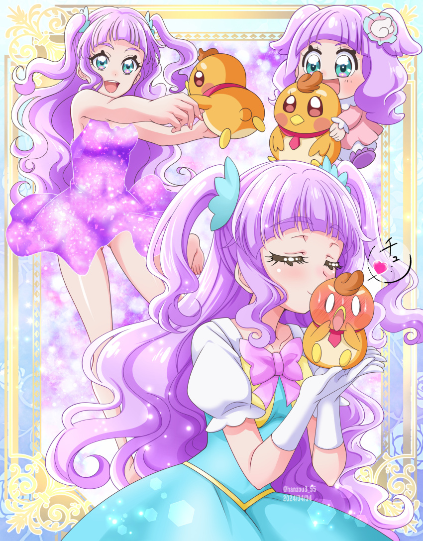 1girl animal aqua_eyes bird blue_dress blue_scrunchie blush bow bowtie child closed_eyes commentary dated dress ellee-chan gloves hair_ornament hair_scrunchie hanzou heart highres hirogaru_sky!_precure holding holding_animal kiss multiple_views precure puffy_short_sleeves puffy_sleeves purple_bow purple_bowtie purple_dress purple_hair scrunchie short_dress short_sleeves sleeveless sleeveless_dress standing twitter_username two_side_up white_gloves yuunagi_tsubasa yuunagi_tsubasa_(bird)