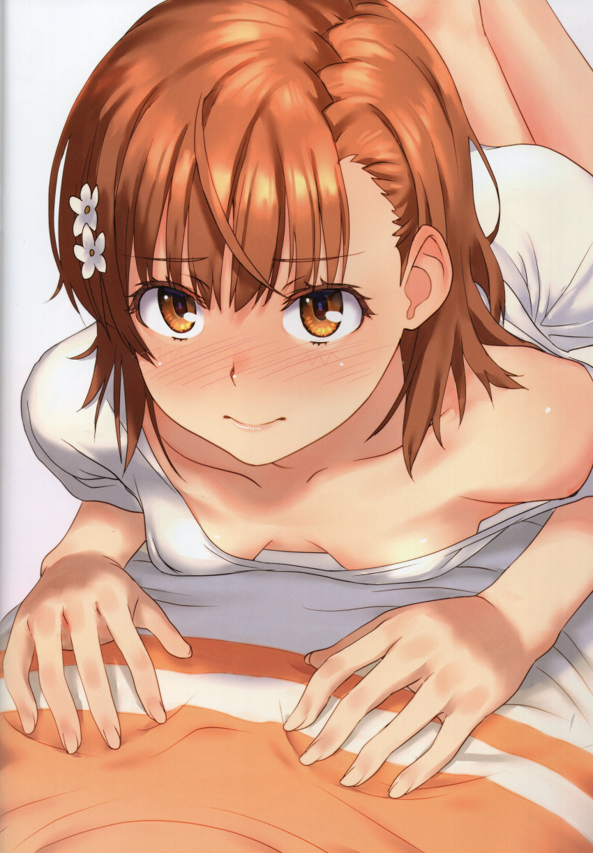 1girl absurdres blush breasts brown_eyes brown_hair cleavage closed_mouth collarbone fingernails hair_ornament highres lips looking_at_viewer lying misaka_mikoto on_stomach raika9 scan shirt small_breasts solo toaru_kagaku_no_railgun toaru_majutsu_no_index white_shirt