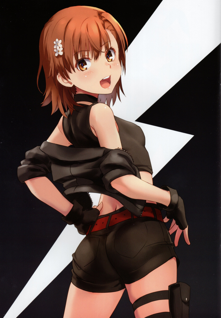 1girl absurdres ass bare_shoulders belt breasts brown_eyes brown_hair cropped_jacket fingerless_gloves gloves hair_ornament hand_on_own_hip highres holster jacket lightning_bolt_symbol looking_at_viewer looking_back misaka_mikoto off_shoulder open_clothes open_jacket open_mouth raika9 scan short_hair shorts simple_background small_breasts solo tank_top teeth thigh_holster toaru_kagaku_no_railgun toaru_majutsu_no_index upper_teeth_only