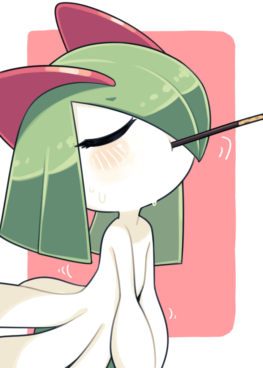 closed_eyes colored_skin food food_in_mouth green_hair hair_over_one_eye highres horns ino_(tellu0120) kirlia multicolored_skin pink_background pocky pocky_in_mouth pokemon pokemon_(creature) sidelocks simple_background sweat two-tone_skin v_arms white_skin