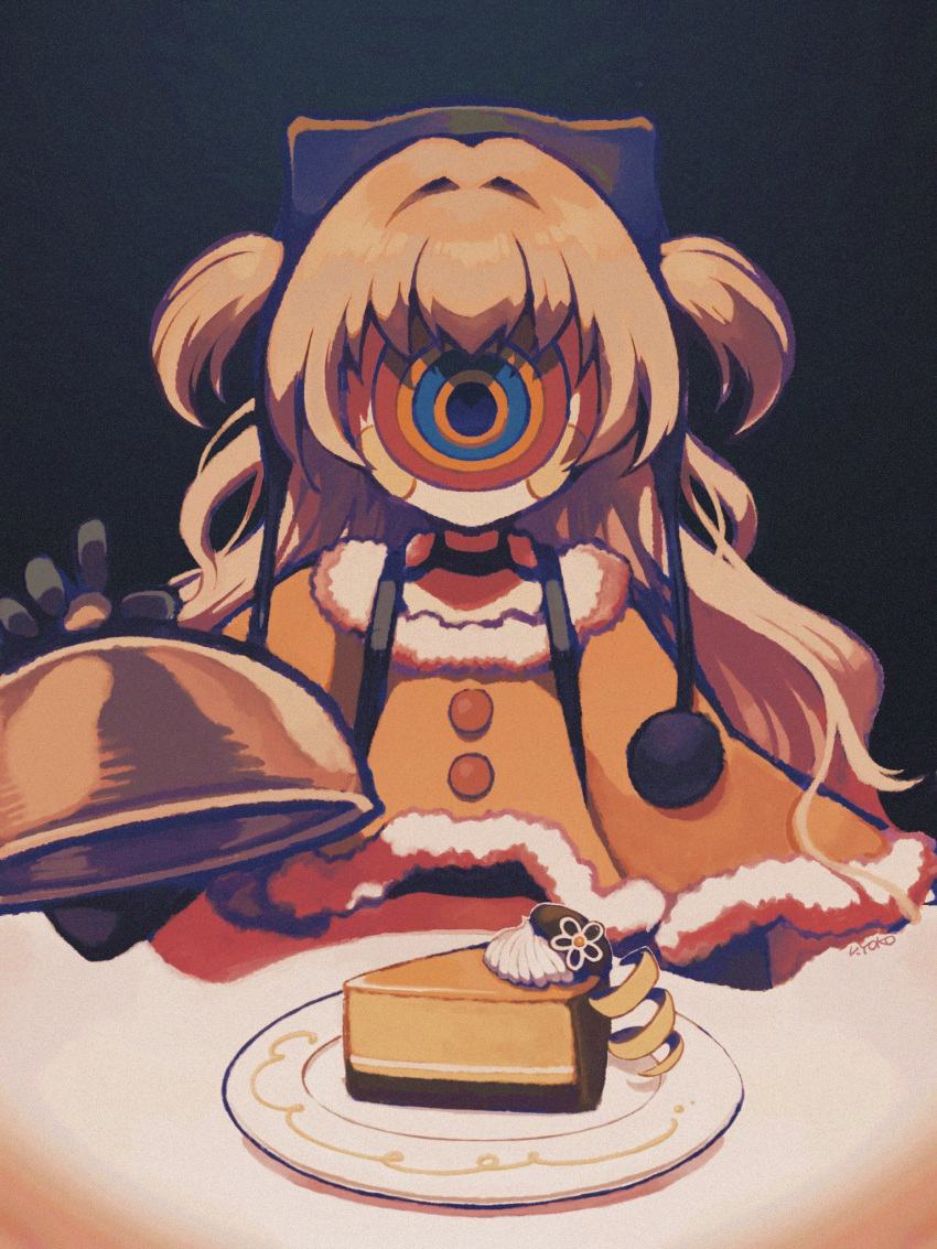 1girl animal_ears beanie black_background cake cake_slice capelet charlotte_(madoka_magica) cheesecake fake_animal_ears food fur-trimmed_capelet fur_trim hat highres holding long_hair mahou_shoujo_madoka_magica mahou_shoujo_madoka_magica:_hangyaku_no_monogatari mahou_shoujo_madoka_magica_(anime) momoe_nagisa orange_capelet pom_pom_(clothes) pom_pom_beanie serving_dome short_twintails solo surreal suspenders tomoe_mami twintails uwded_207 white_hair