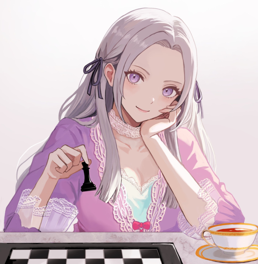 1girl blush board_game breasts chess edelgard_von_hresvelg fire_emblem fire_emblem:_three_houses hair_ribbon highres long_hair purple_eyes purple_ribbon ribbon sleepwear smile solo tears white_hair yuurururun