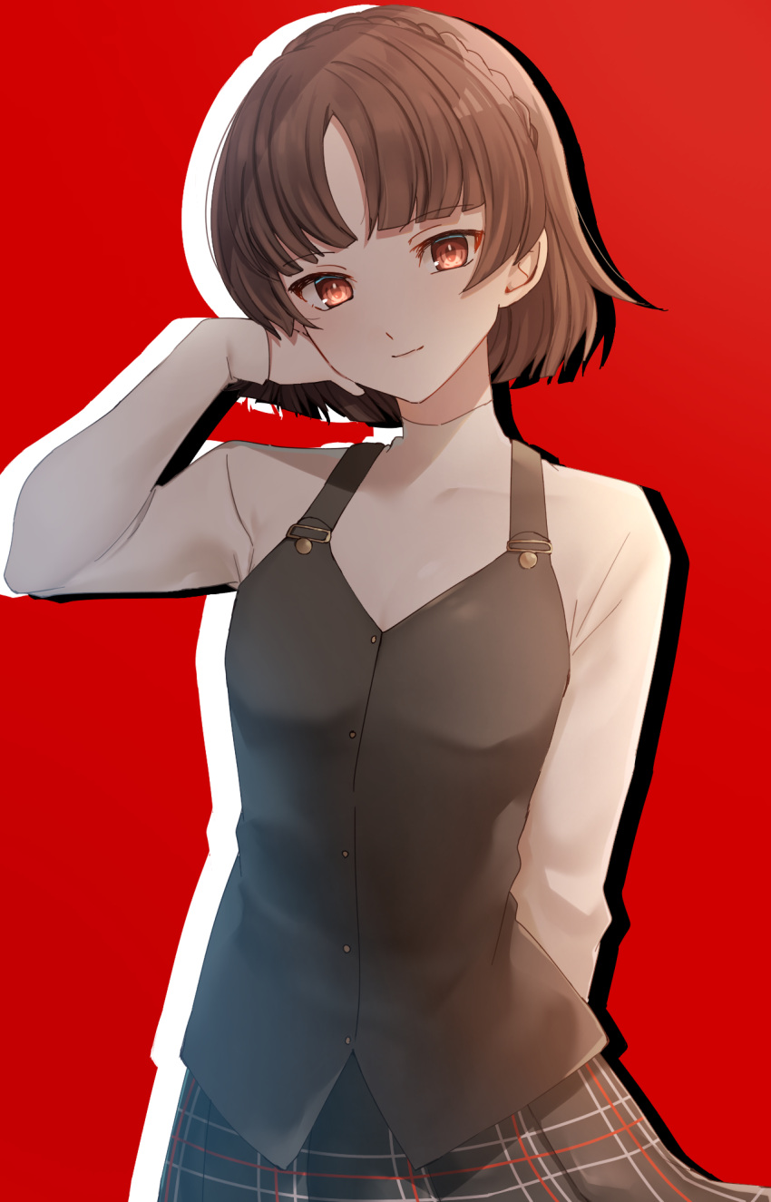 1girl black_skirt black_vest blunt_bangs braid brown_hair closed_mouth crown_braid edamameoka grey_sweater highres long_sleeves niijima_makoto persona persona_5 plaid plaid_skirt pleated_skirt red_background red_eyes school_uniform short_hair shuujin_academy_school_uniform skirt smile solo standing sweater vest