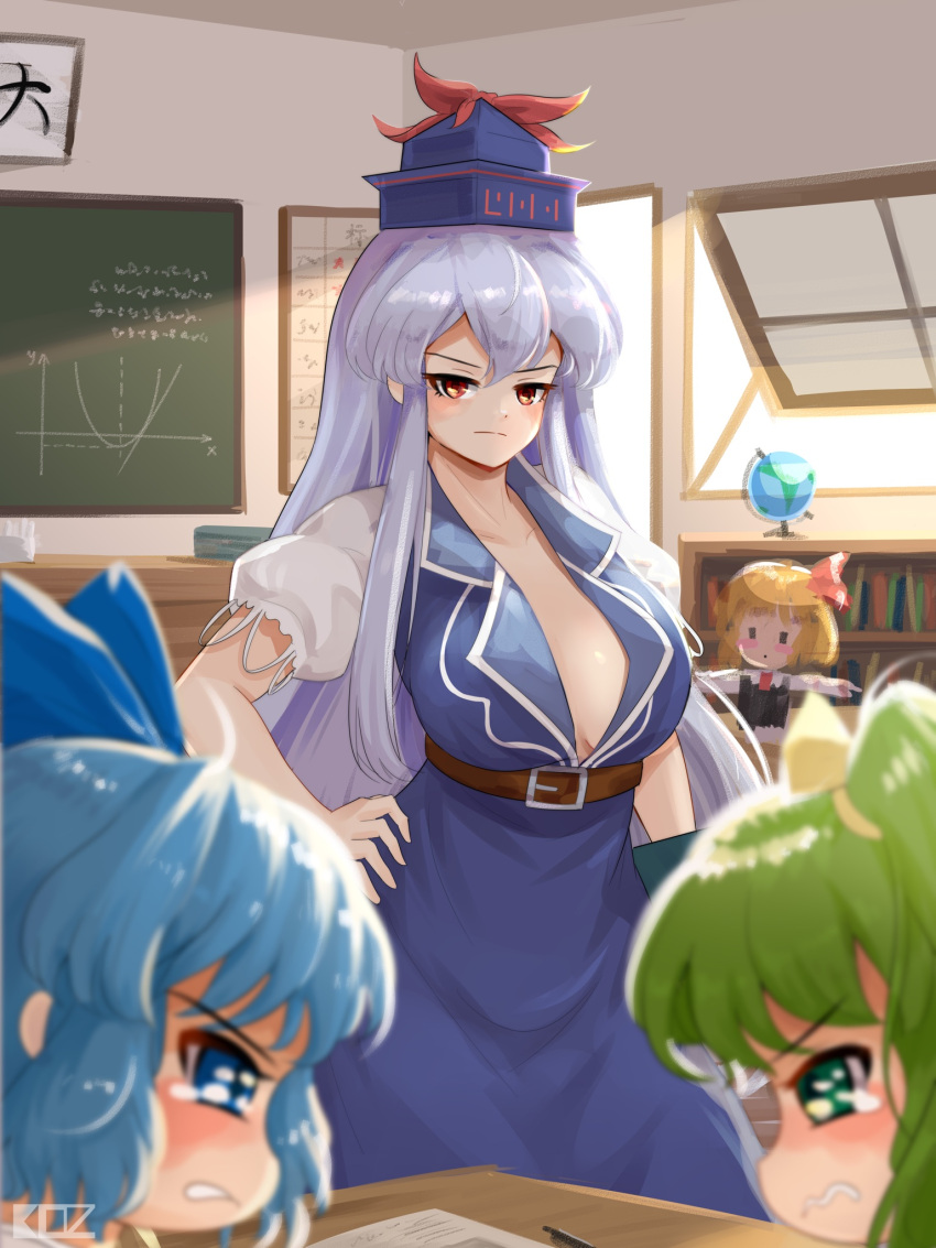 4girls belt blonde_hair blue_dress blue_eyes blue_hair blue_hat blush book breasts brown_belt chalkboard cirno cleavage closed_mouth collarbone daiyousei dress edz_drawz green_eyes green_hair hand_on_own_hip highres holding holding_book kamishirasawa_keine medium_breasts multiple_girls puffy_sleeves red_eyes rumia school_uniform teacher touhou white_sleeves