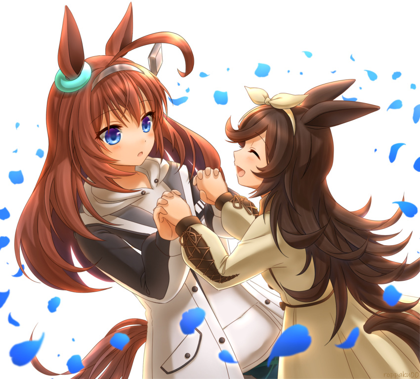 2girls :o ahoge animal_ears black_hair brown_dress brown_ribbon casual closed_eyes dress ear_ornament facing_another grey_hairband hair_ornament hair_ribbon hairband highres holding_hands hood hood_down hoodie horse_ears horse_girl horse_tail interlocked_fingers jacket long_hair long_sleeves looking_at_another mihono_bourbon_(umamusume) multiple_girls open_clothes open_jacket open_mouth petals ribbon rice_shower_(umamusume) roppaku smile standing tail umamusume white_background white_hoodie white_jacket