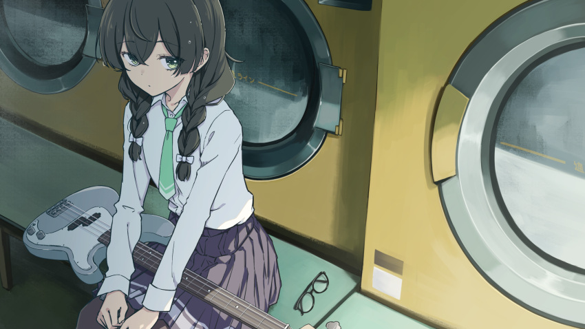 1girl avoid_(nicoseiga_14463513) bass_guitar black_hair black_pantyhose bocchi_the_rock! bow braid cevio closed_mouth collared_shirt commentary_request expressionless feet_out_of_frame fender_precision_bass from_above glasses green_eyes green_necktie hair_bow hair_over_shoulder hanakuma_chifuyu highres instrument laundromat long_hair long_sleeves looking_at_viewer looking_up low_twin_braids multiple_hair_bows necktie no_jacket on_bench pantyhose pleated_skirt purple_skirt school_uniform shirt shirt_tucked_in sitting skirt solo synthesizer_v twin_braids unworn_eyewear washing_machine wet wet_hair white_bow white_shirt