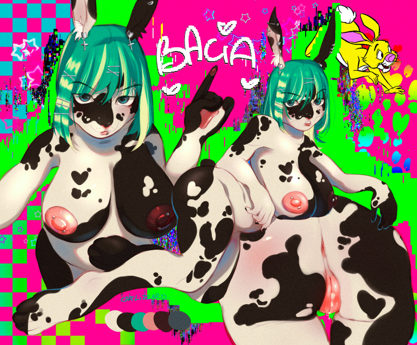 absurd_res alternative_fashion anthro bacia_(catlizzard) belly big_butt big_nipples blue_eyes blush bodily_fluids body_blush butt catlizzard_(artist) checkered checkered_background color_swatch ear_piercing emo emo_haircut eyebrow_piercing facial_piercing female fur genital_fluids gesture green_hair hair hand_gesture hi_res huge_filesize inner_ear_fluff lagomorph lagomorph_nose lip_piercing looking_at_viewer lying mammal markings multicolored_nipples nipple_piercing nipples nude overweight overweight_anthro overweight_female pattern_background pawpads piercing pointing puffy_nipples pussy_blush selfie simple_background slightly_chubby solo spots spotted_body spotted_fur tuft vaginal_fluids