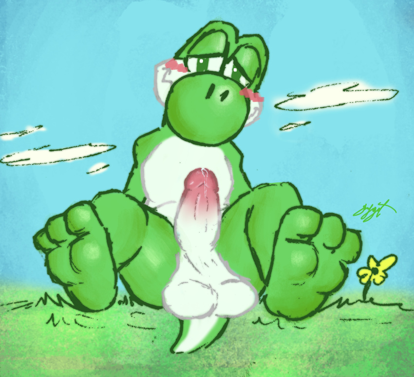 3_toes absurd_res anthro balls blush bodily_fluids feet gaygoat genital_fluids genitals hi_res male mario_bros nintendo on_grass precum saggy_balls scalie solo toes yoshi