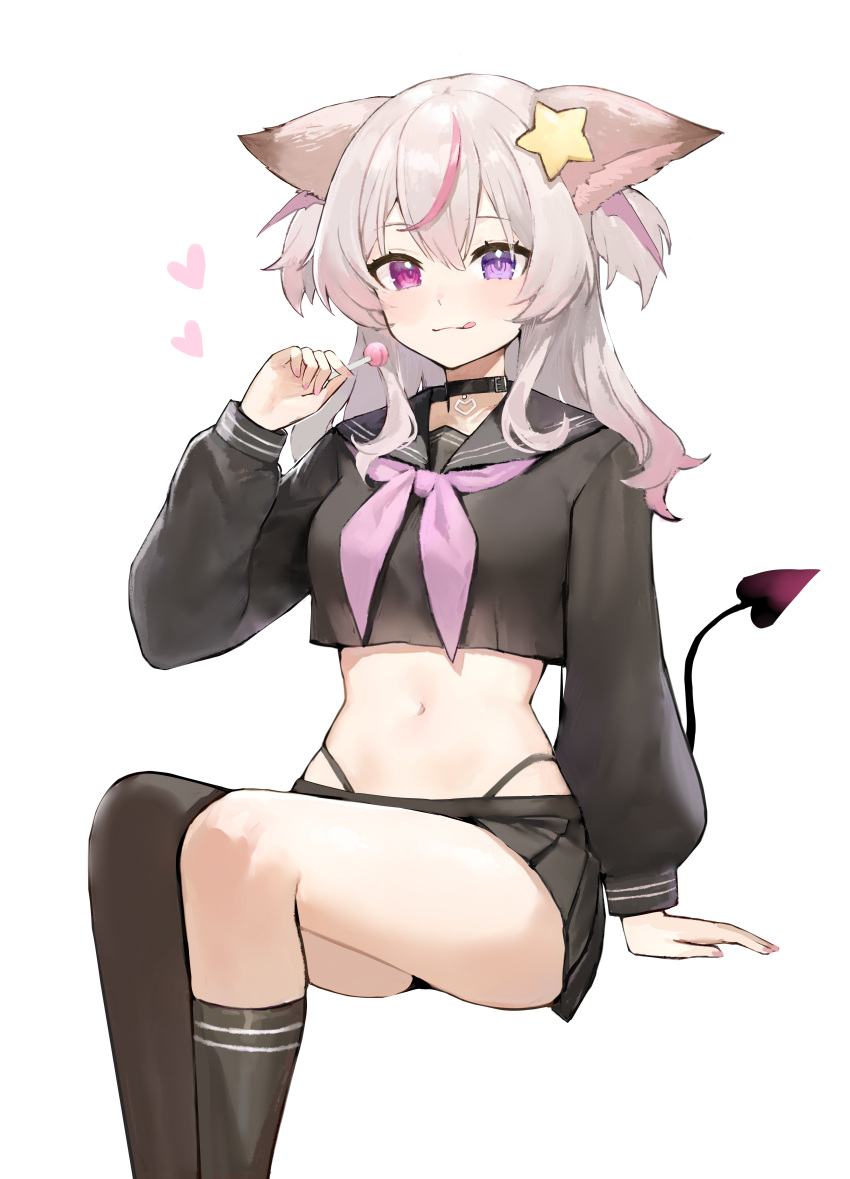 1girl :3 :q absurdres animal_ears annytf asymmetrical_legwear black_choker black_sailor_collar black_serafuku black_shirt black_skirt black_socks black_thighhighs breasts candy choker closed_mouth crop_top crop_top_overhang demon_tail feet_out_of_frame food fox_ears gradient_hair hand_up heart heterochromia highleg highres holding holding_candy holding_food holding_lollipop indie_virtual_youtuber invisible_chair kneehighs lollipop long_hair long_sleeves looking_at_viewer microskirt midriff multicolored_hair navel neckerchief panty_straps pink_eyes pleated_skirt puffy_long_sleeves puffy_sleeves purple_eyes sailor_collar school_uniform serafuku shino_(shinotsuki3423) shirt simple_background single_kneehigh single_sock single_thighhigh sitting skirt small_breasts smile socks solo spaghetti_strap stomach streaked_hair tail tail_raised thighhighs thighs tongue tongue_out two_side_up virtual_youtuber white_background white_hair