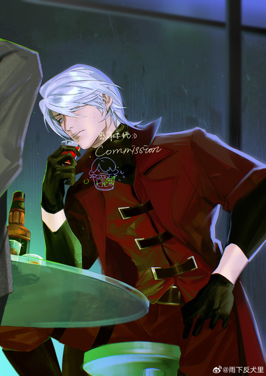 1boy absurdres alcohol black_gloves blue_eyes closed_mouth coat cup dante_(devil_may_cry) devil_may_cry_(series) devil_may_cry_1 drinking drinking_glass drunk gloves hair_over_one_eye highres holding long_hair male_focus red_coat solo white_hair