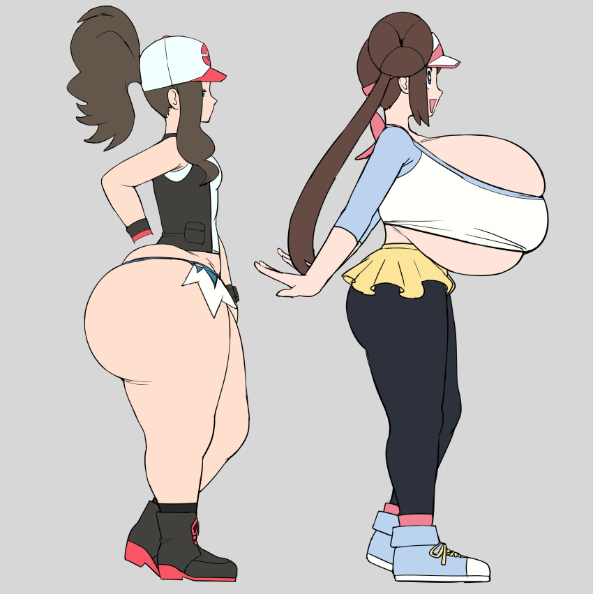 2girls absurdres ass breasts brown_hair cleavage covered_nipples crop_top curvy from_side greyimpaction hair_bun highres hilda_(pokemon) huge_ass huge_breasts midriff midriff_peek multiple_girls pokemon pokemon_bw pokemon_bw2 rosa_(pokemon) short_shorts shorts thick_thighs thighs underboob wide_hips