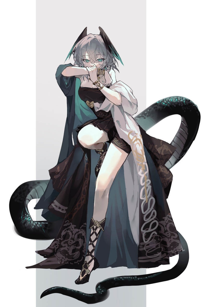 1girl absurdres ambience_synesthesia aqua_eyes arknights black_dress blankwasteland dress full_body grey_hair highres ho'olheyak_(arknights) ho'olheyak_(carriage_of_the_winds_of_time)_(arknights) long_dress looking_at_viewer open_clothes open_dress short_hair solo